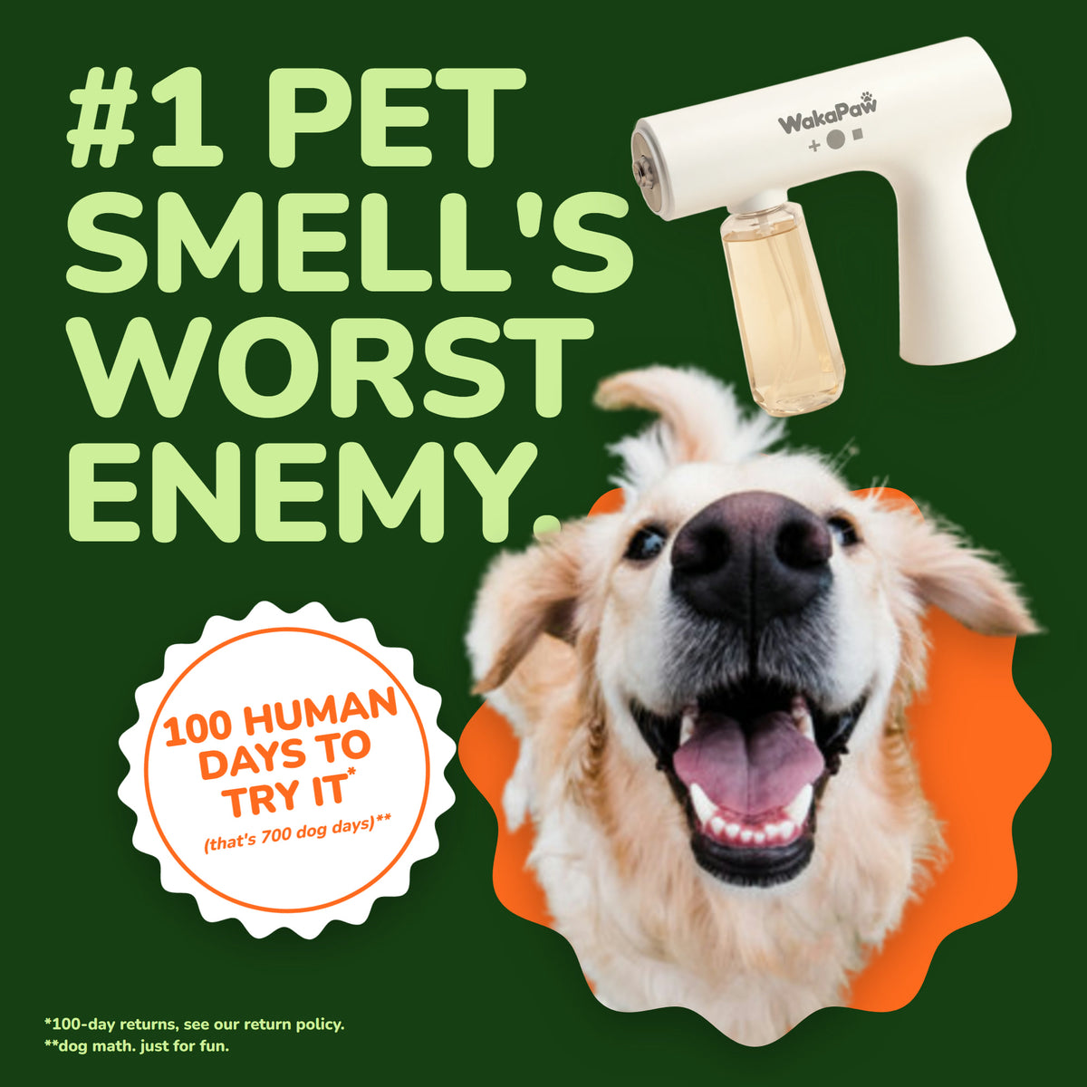 Happy golden retriever next to the WakaPaw EnzyMist™ pet odor atomizer — 100-day returns