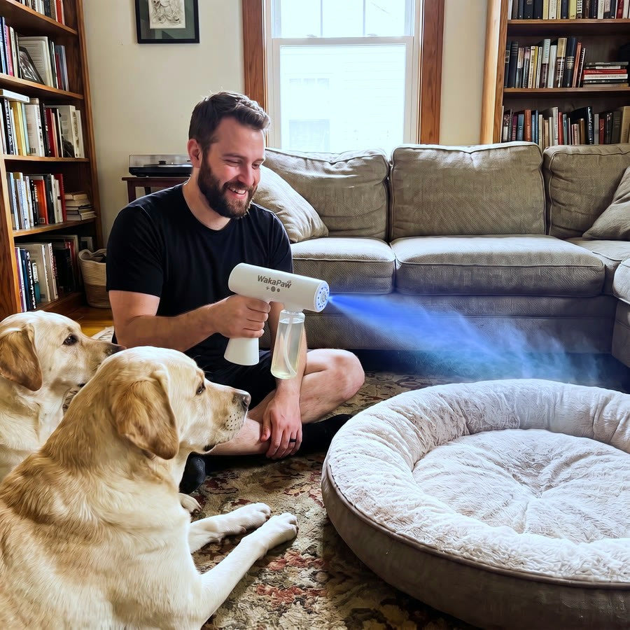 Misting a dog bed while a golden retriever watches