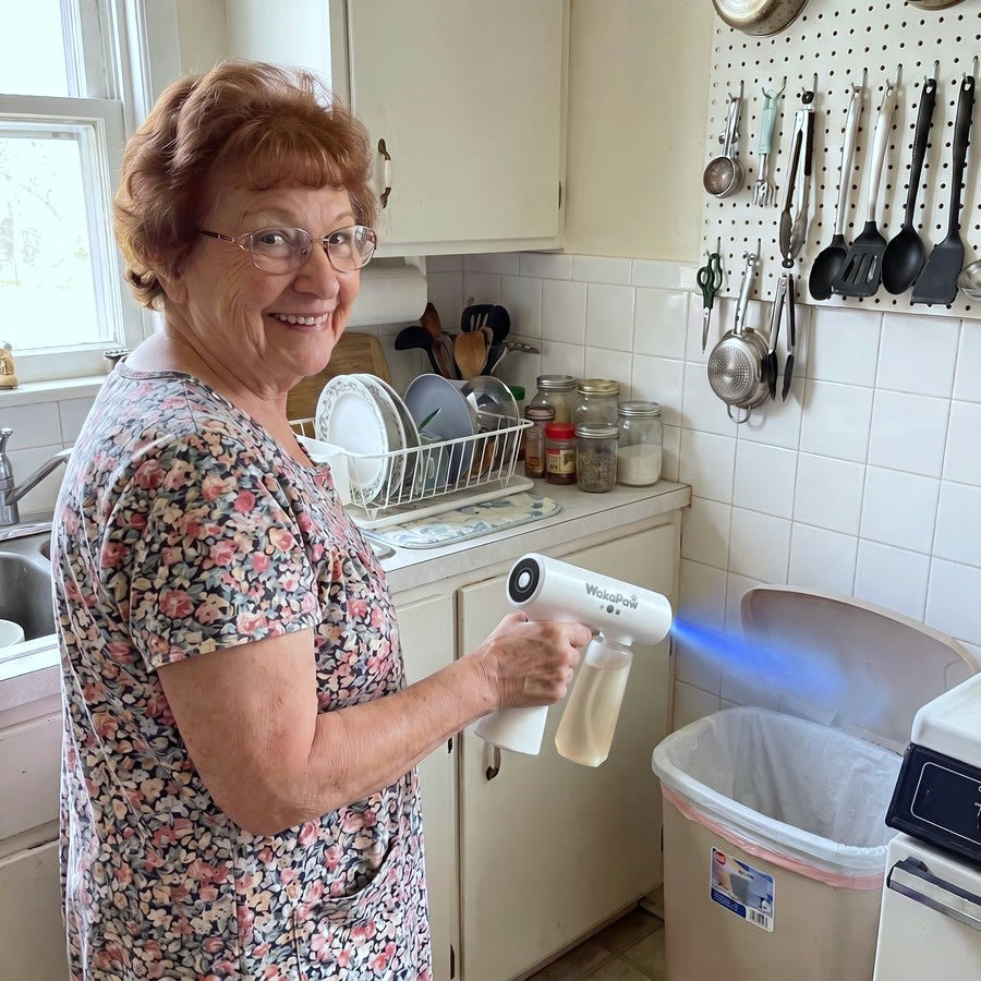 Misting a kitchen trash bin with the WakaPaw spray