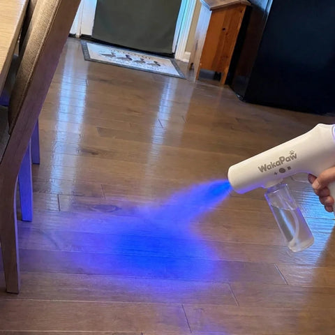 A handheld white WoocloPety UV light detector and disinfectant spray device is being held by a hand over a hardwood floor, emitting a blue UV light beam. The kitchen background includes a refrigerator, wooden cabinets, and a dining table.Kim N.